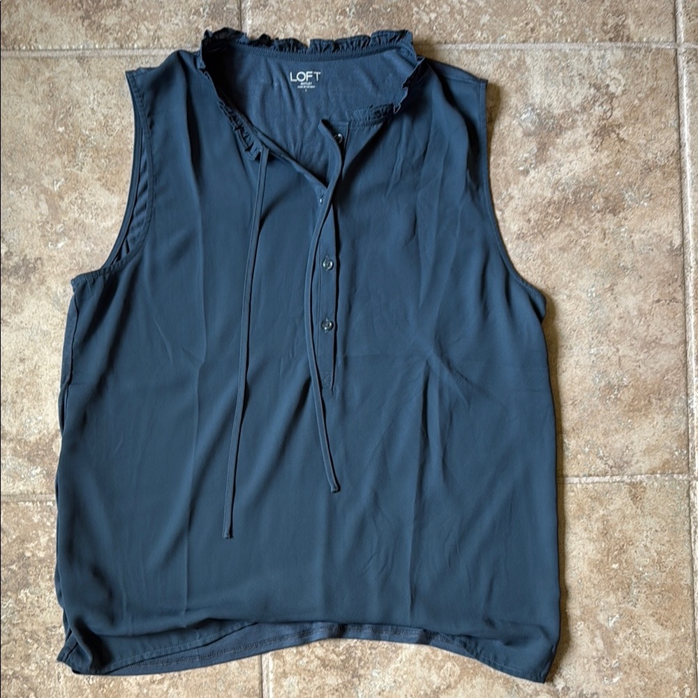 LOFT Navy Sleeveless Blouse with Ruffle Detail